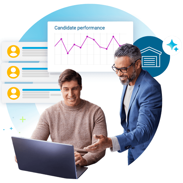 Two men look at a laptop screen with a chart labeled "Candidate performance" and user profile icons in the background, showcasing how top recruitment software for small agencies streamlines candidate evaluation.