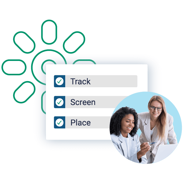 Two women collaborate on a tablet beside a graphic showing checkmarked lists labeled Track, Screen, and Place—hallmarks of top recruitment software for small agencies.