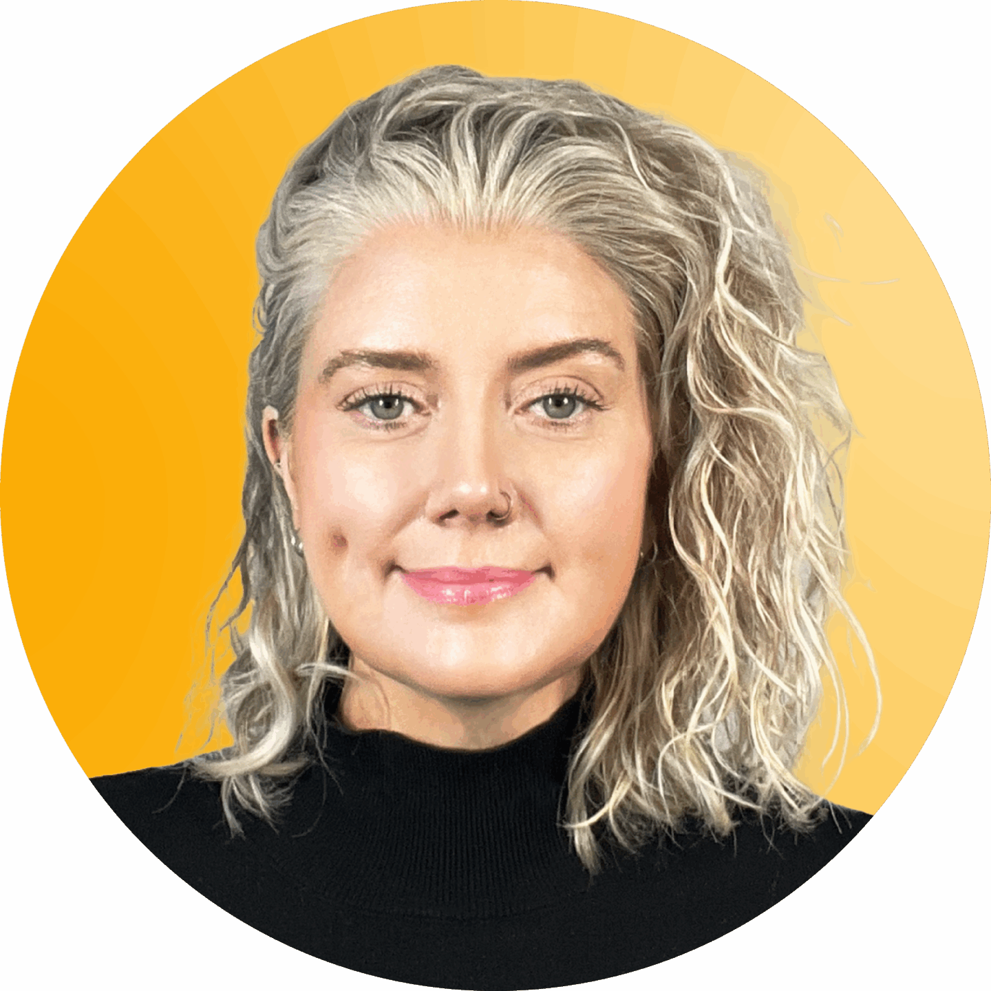 Laura Byrne, Digital Transformation Lead at Peoplebank in a black shirt in front of a yellow background. A user of Bullhorn, Bullhorn, the leading ATS/CRM for recruitment agencies.