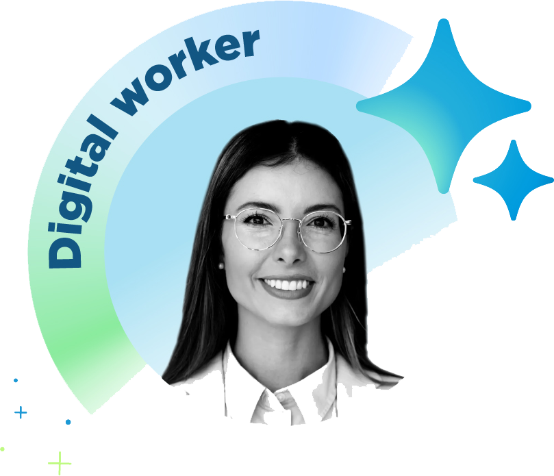 Black and white photo of a smiling person in glasses, framed by a green to blue gradient ring labeled "Digital worker," with blue star shapes.