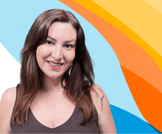 Headshot of a smiling woman with long brown hair against a blue and orange graphic background for an ai-powered ats & crm for recruitment agencies.