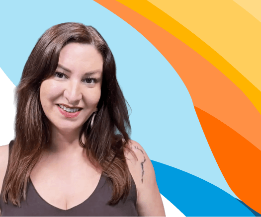 Headshot of a smiling woman with long brown hair against a blue and orange graphic background for an ai-powered ats & crm for recruitment agencies.