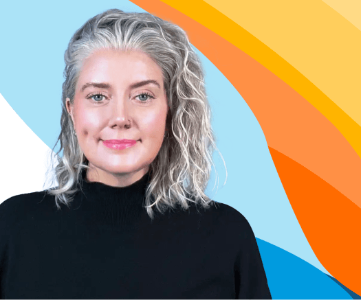 Headshot of a smiling woman in a black turtleneck against a blue and orange graphic background for an ai-powered ats & crm for recruitment agencies.