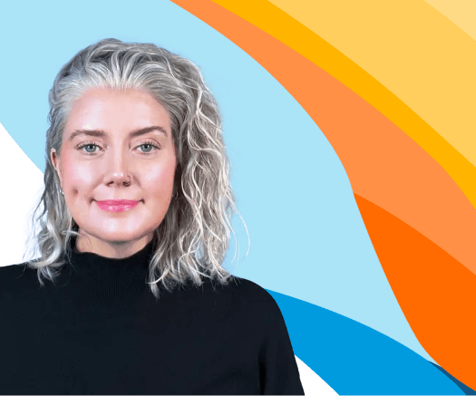 Headshot of a smiling woman in a black turtleneck against a blue and orange graphic background for an ai-powered ats & crm for recruitment agencies.