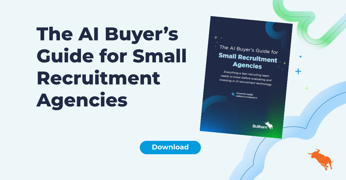 The AI Buyer’s Guide for Small Recruitment Agencies guide with image of what the guide contains on light blue background and shapes in blue and green