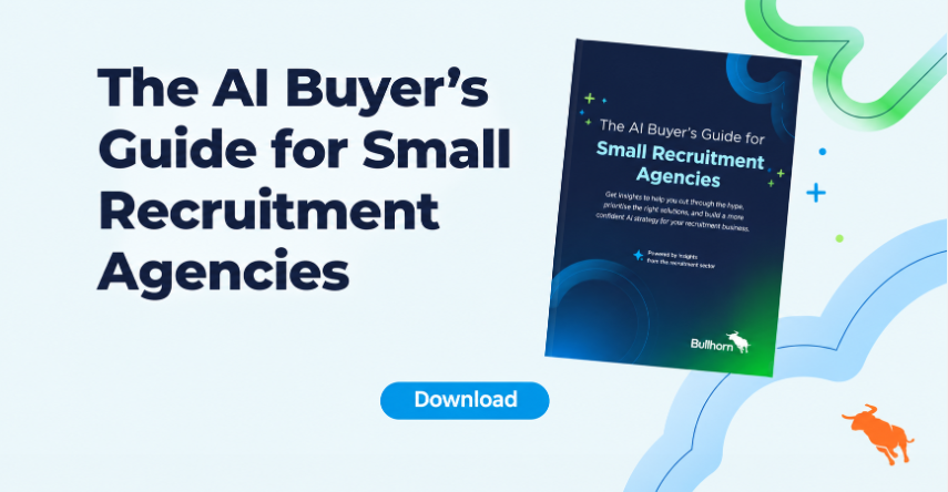 The AI Buyer’s Guide for Small Recruitment Agencies guide with image of what the guide contains on light blue background and shapes in blue and green