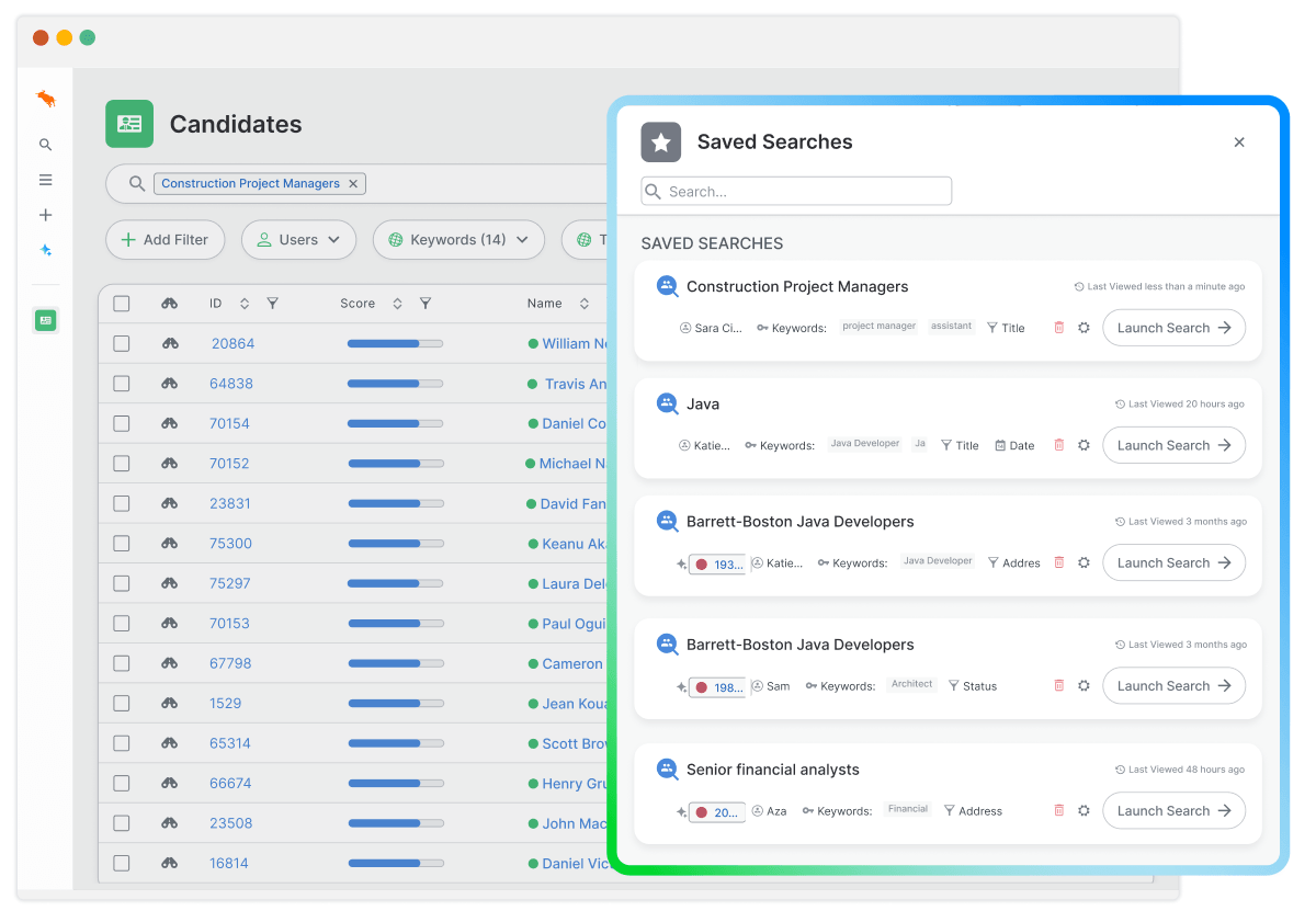 Software dashboard showing a saved searches side panel and candidate list for AI Candidate Search & Match for staffing agencies.
