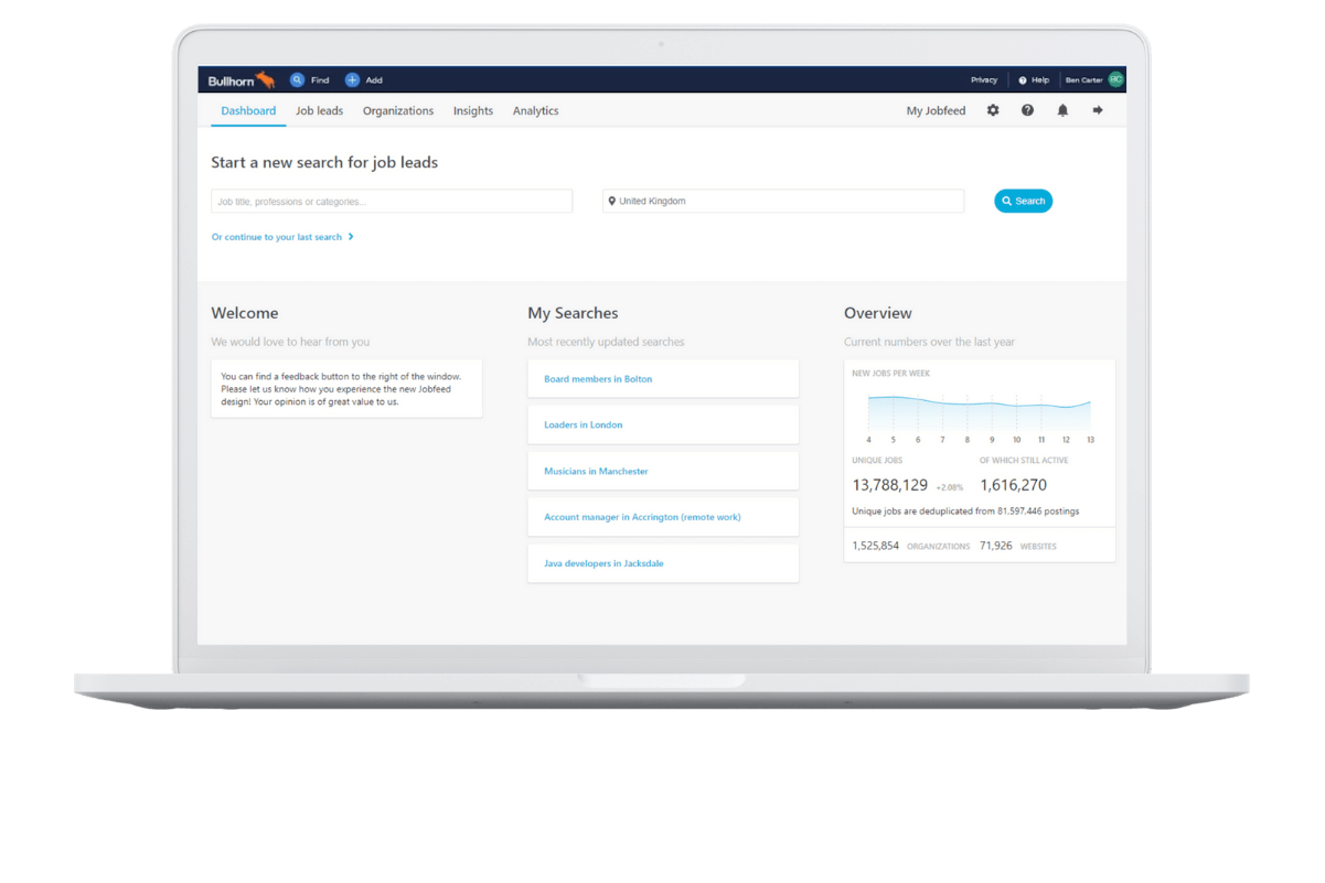 Afbeelding met integratie van Market IQ arbeidsmarktinformatiesoftware met Bullhorn personeelsbemiddelingssoftware.