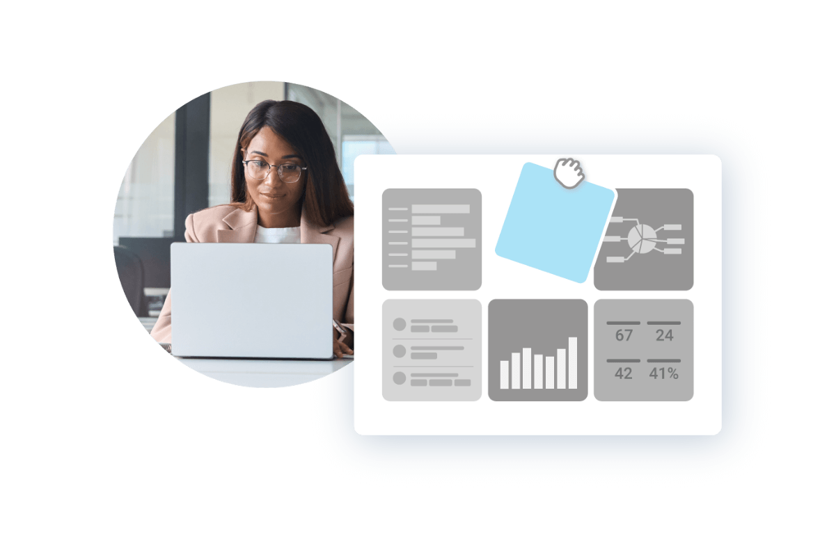 Eine Frau arbeitet an einem Laptop, auf dem ein Diagramm angezeigt wird, das die Bullhorn Workforce Management-Software darstellt.