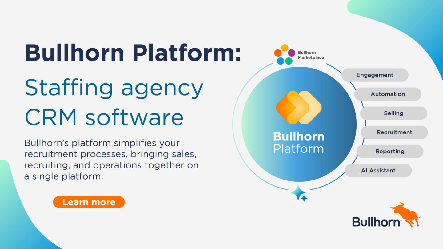 Bild der Bullhorn-Plattform, das CRM-Software für Personalagenturen zeigt, mit Schwerpunkt auf Bullhorn Marketplace, Engagement Automation, Verkauf, Rekrutierung, Reporting und Al Assistant.