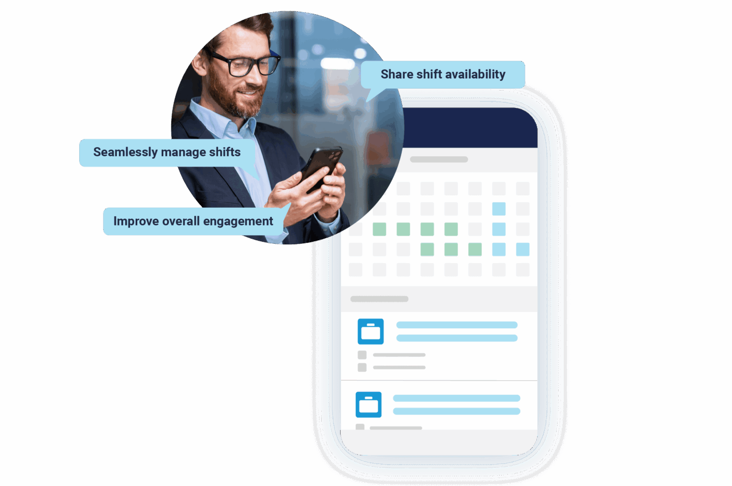 Mobile App-Schnittstelle zur Präsentation der Bullhorn Workforce Management Software für die Einbindung von Personal- und Personalvermittlungsagenturen.