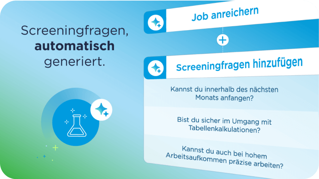 Benutzeroberfläche der Bullhorn Amplify KI-Recruiting-Software mit einem Workflow zur automatischen Erstellung von Screening-Fragen und zur Anreicherung von Stellenanzeigen vor einem blau-grünen Hintergrund.