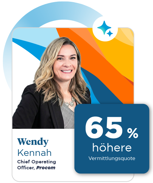 A smiling woman with wavy blonde hair is wearing a black blazer and silver necklace, set against a colorful background of blue, orange, and yellow.