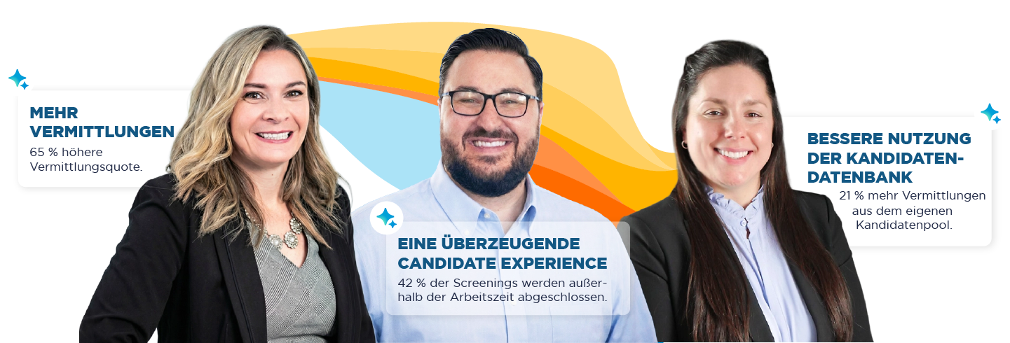 Drei lächelnde Fachkräfte stehen vor einer farbenfrohen Grafik in Blau, Gelb und Orange. Texteinblendungen heben wichtige Kennzahlen hervor: eine Steigerung der Vermittlungsquote um 65 %, KI-gestütztes Screening Tausender Bewerbungen mit einer Kundenzufriedenheit von 4,5 von 5,0 Punkten und eine Reduzierung der Erstellungszeit von Stellenbeschreibungen auf unter eine Minute. Diese Grafik repräsentiert Bullhorns Initiative „Rally Cry – Denke Groß. Handle Mutig.“ für die Personalvermittlungsbranche.