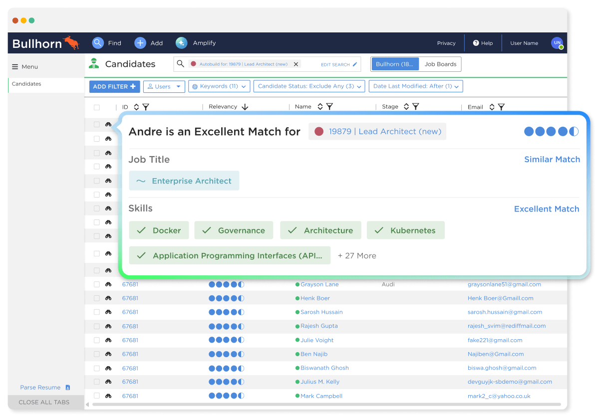 Bullhorn recruitment screen overlay titled "Andre is an Excellent Match" showing a candidate suitability breakdown with skill badges for Docker, Governance, Architecture, and Kubernetes, providing an AI candidate match for small staffing teams.