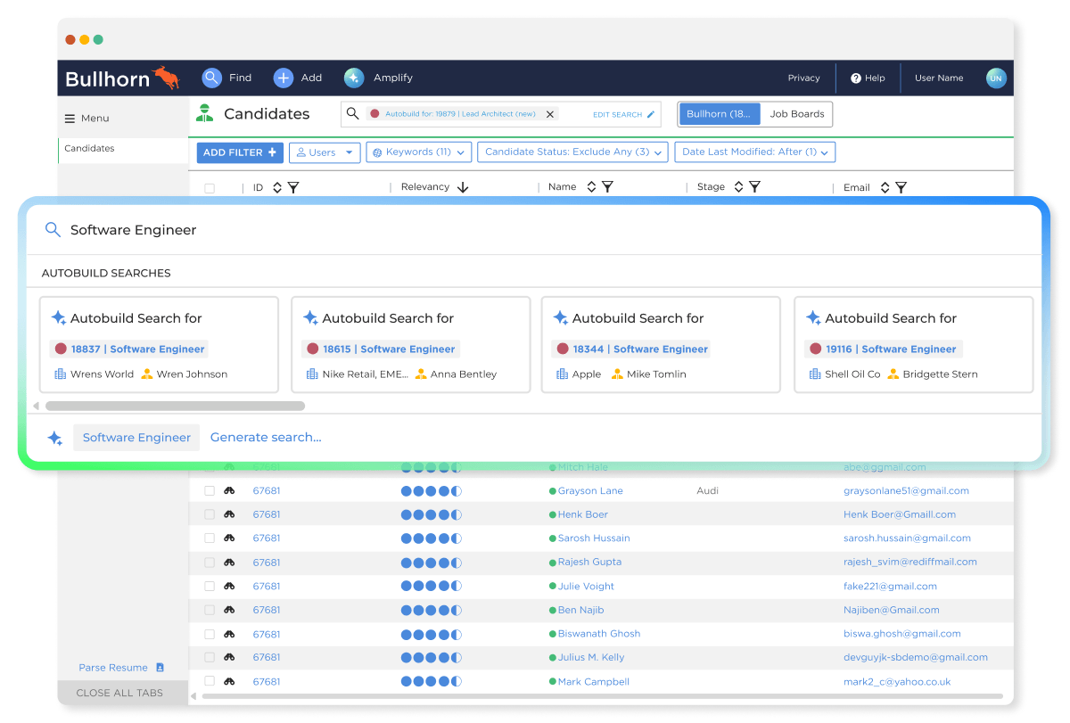 Bullhorn application dashboard displaying an "Autobuild Searches" overlay window containing four automated search blocks for Software Engineer roles, enabling an AI candidate match for small staffing teams.