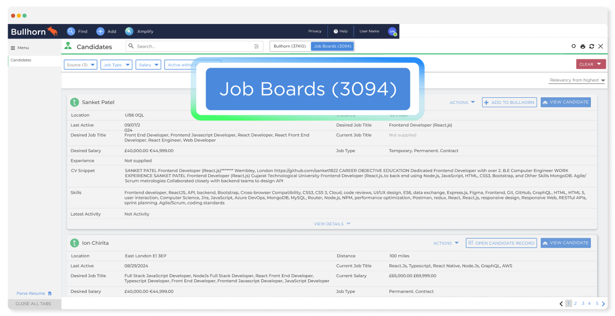 Bullhorn staffing software interface with a prominent "Job Boards (3094)" tab selected, showing external candidate profiles, resume snippets, and skills for an AI candidate match for small staffing teams.