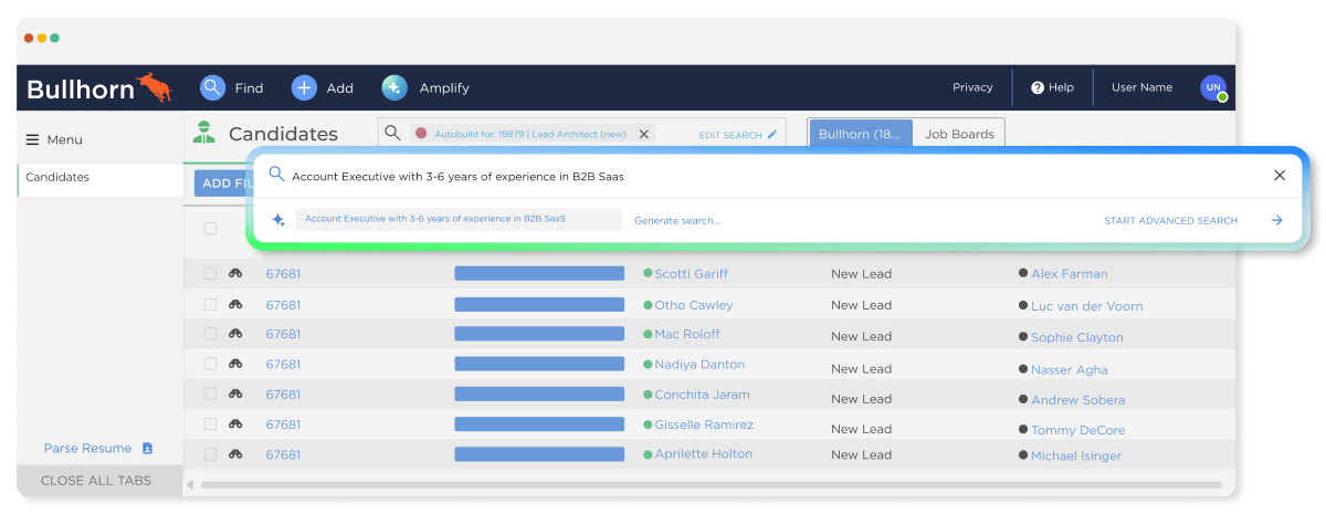 Bullhorn candidate database dashboard featuring a search bar with the natural language text query "Account Executive with 3-6 years of experience in B2B SaaS", showing an AI candidate match for small staffing teams.
