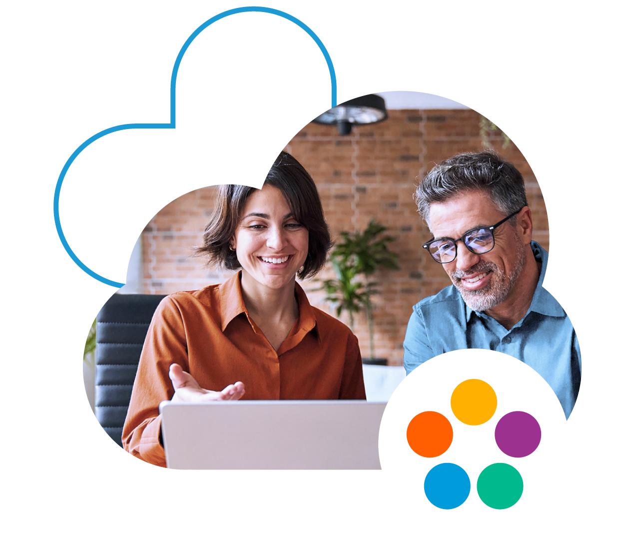 Two professionals collaborating at a laptop in a modern office, framed within a Bullhorn cloud shape, with the Bullhorn Marketplace icon overlay.