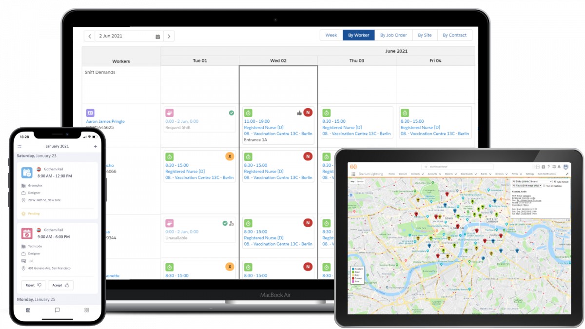 Affichage de l'application mobile Bullhorn Workforce Management, comprenant des outils de gestion des opérations de dotation en personnel et de l'efficacité de la main-d'œuvre.