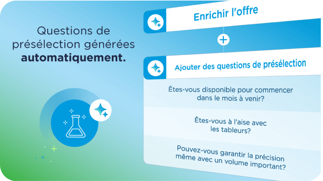 Interface mobile du logiciel Bullhorn Amplify AI recruitment software affichant des options pour générer des questions de présélection automatique et enrichir des offres d'emploi avec une icône de fiole de laboratoire.