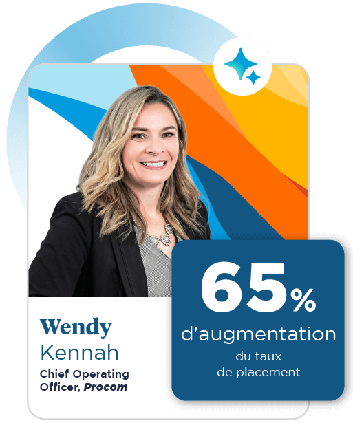 A smiling woman with wavy blonde hair is wearing a black blazer and silver necklace, set against a colorful background of blue, orange, and yellow.