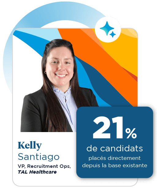 A smiling woman with straight brown hair is wearing a black blazer, set against a colorful background of blue, orange, and yellow.