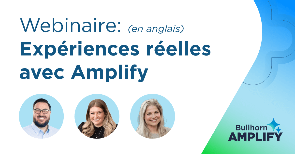 Trois professionnels souriants sont présentés à côté de statistiques de performance clés pour le secteur du recrutement. Les données affichent une augmentation de 65 % du taux de placement, des milliers de candidatures examinées par l'intelligence artificielle et une réduction du temps de création des descriptions de poste à moins d'une minute. Ce visuel illustre l'efficacité du logiciel de recrutement basé sur l'IA de Bullhorn.