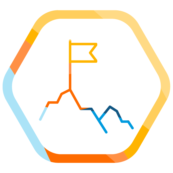 Une icône au trait d'un drapeau planté au sommet d'une montagne, centrée dans un cadre hexagonal arrondi aux bordures bleues, oranges et jaunes. Cette illustration représente une étape clé de l'initiative Osez l'audace de Bullhorn dans le secteur du recrutement et de la dotation en personnel.