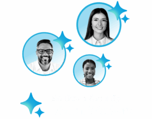 Drie lachende professionals in blauwe cirkels, omringd door een sterrenpatroon met kleurverloop, die Bullhorn Amplify Digital Workers vertegenwoordigen als meer dan alleen AI-agenten voor personeelswerving.
