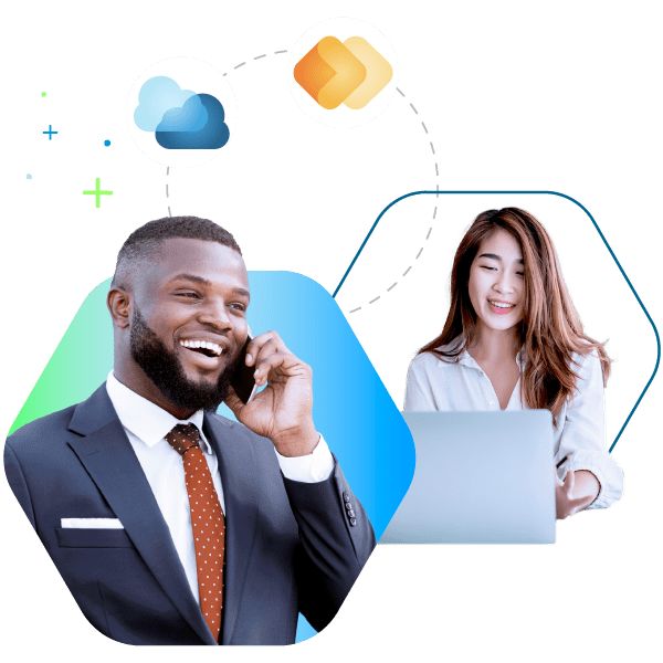 Een man en een vrouw aan de telefoon met wolkiconen, die de Bullhorn AI-wervingssoftware voor uitzendbureaus symboliseren.