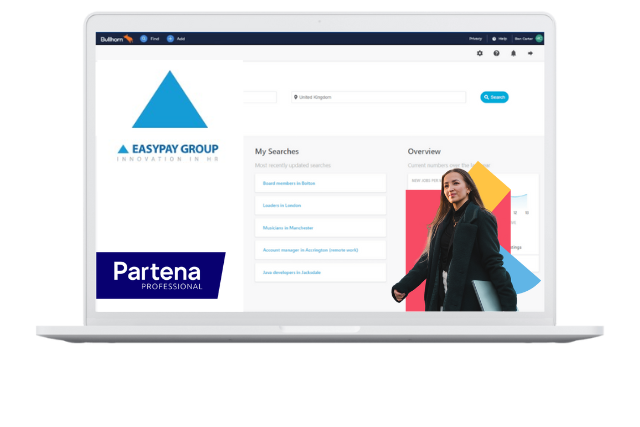 Afbeelding van een laptop met het logo van Bullhorn, Easypay en Partena, symbool voor payroll-software voor werving en selectie