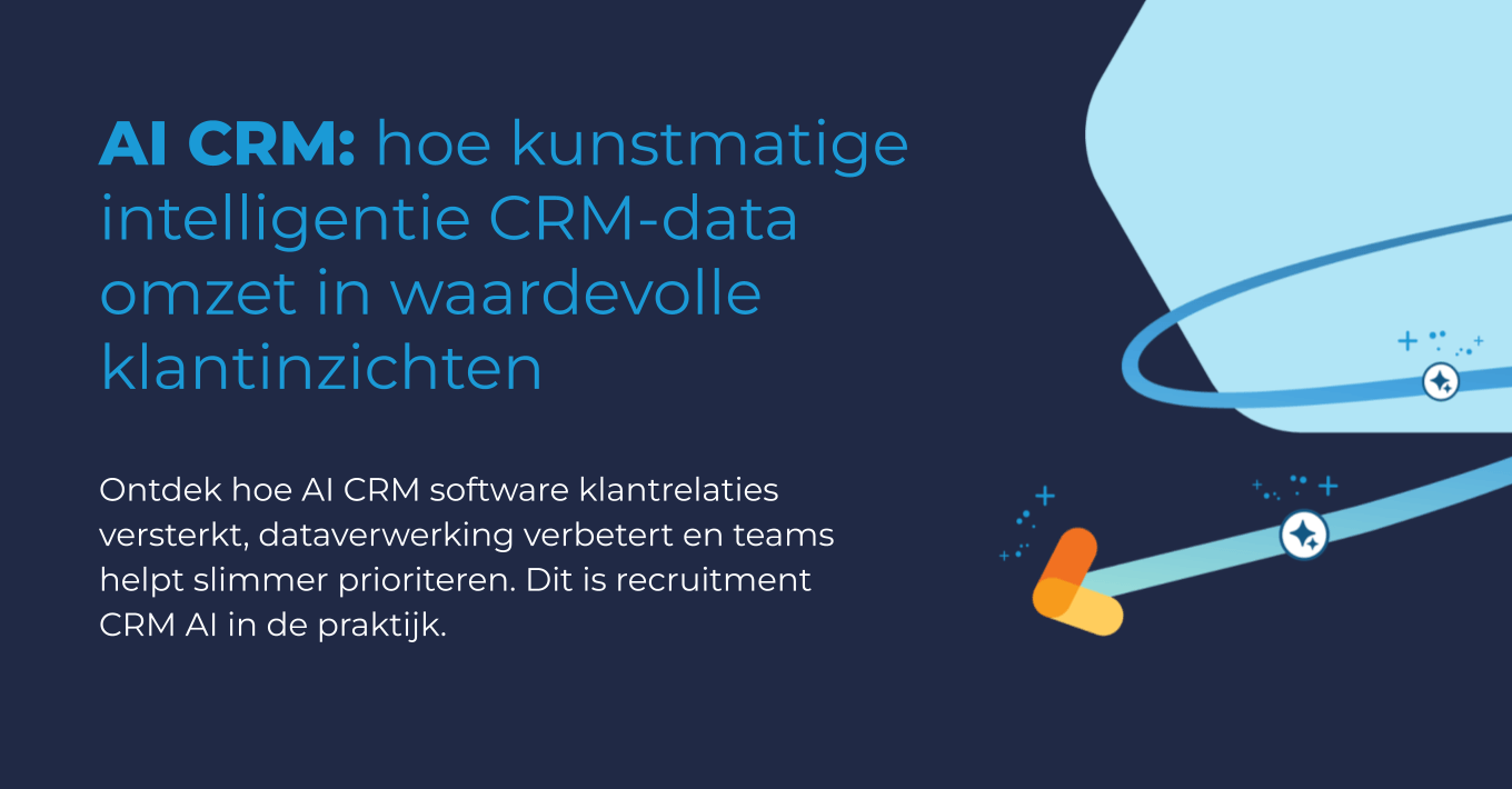 Donkerblauwe achtergrond met lichtblauwe abstracte lijnen en een oplichtende oranje-gele pijl. Witte en blauwe tekst luidt: "AI CRM: hoe kunstmatige intelligentie CRM-data omzet in waardevolle klantinzichten" en "Ontdek hoe AI CRM software klantrelaties versterkt, dataverwerking verbetert en teams helpt slimmer prioriteren. Dit is recruitment CRM AI in de praktijk." De afbeelding is een banner voor een blogbericht over AI CRM voor recruitment.