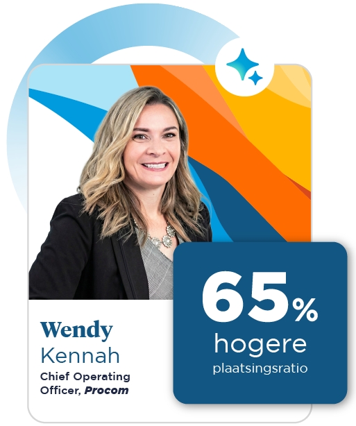 A smiling woman with wavy blonde hair is wearing a black blazer and silver necklace, set against a colorful background of blue, orange, and yellow.