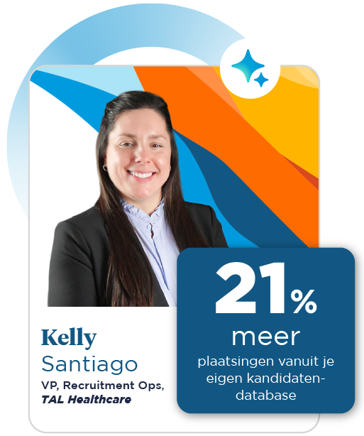 A smiling woman with straight brown hair is wearing a black blazer, set against a colorful background of blue, orange, and yellow.