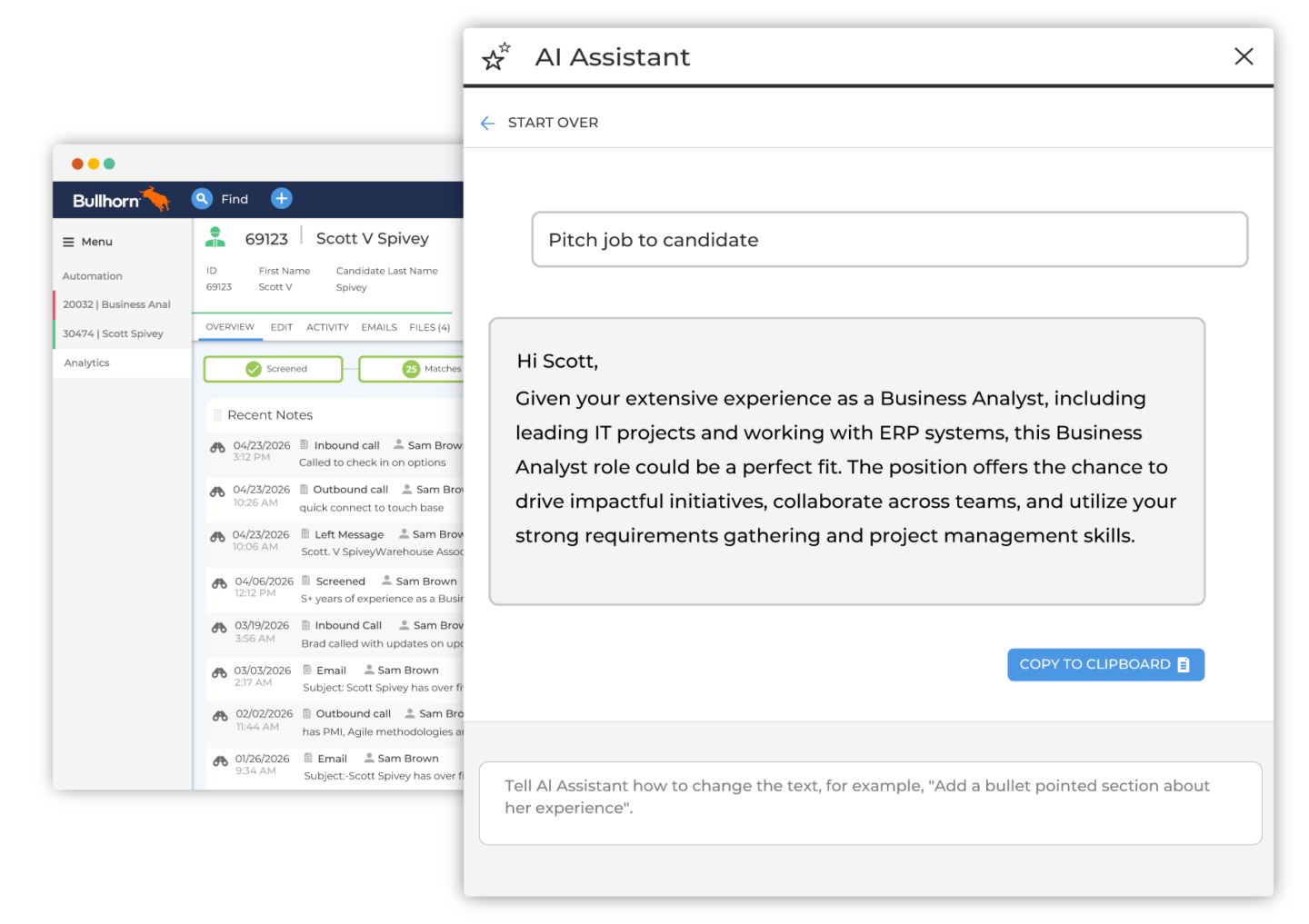 Een screenshot van de interface van een AI-assistent in een Bullhorn-applicatie. De AI stelt voor om te solliciteren naar een functie als businessanalist, waarbij ze haar uitgebreide ervaring met IT-projecten benadrukt. Een knop 'Kopiëren naar klembord' is zichtbaar en de algehele toon is professioneel.