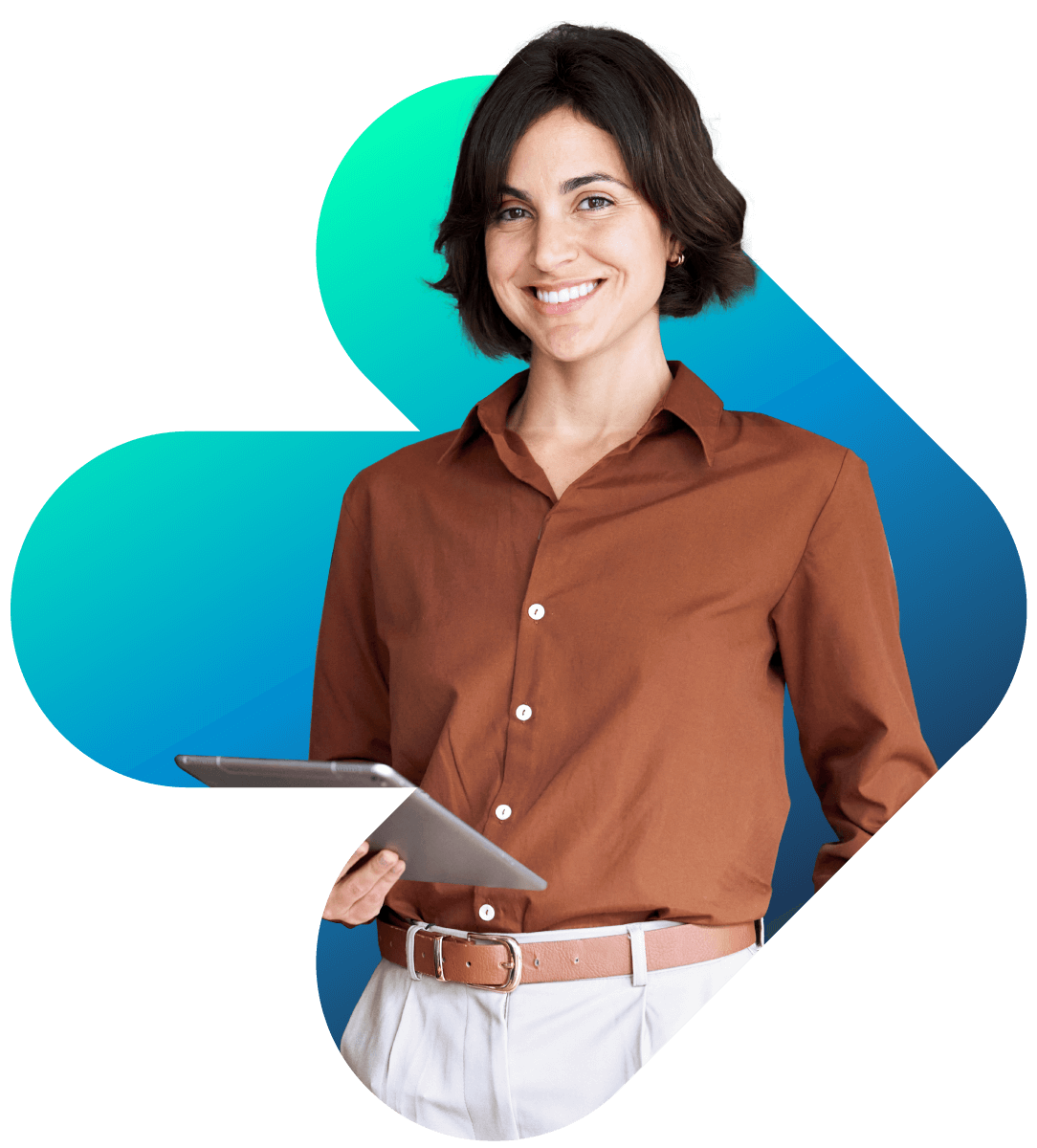A woman smiling while holding a tablet, representing Bullhorn Staffing Software.