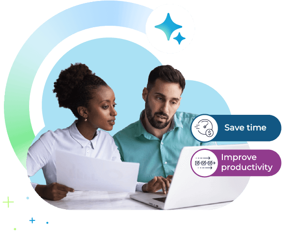 Gemini said Two professionals look at a laptop and paper documents while using an ai-powered recruiting crm to save time and improve productivity. The image features a blue and green circular background with graphic icons.