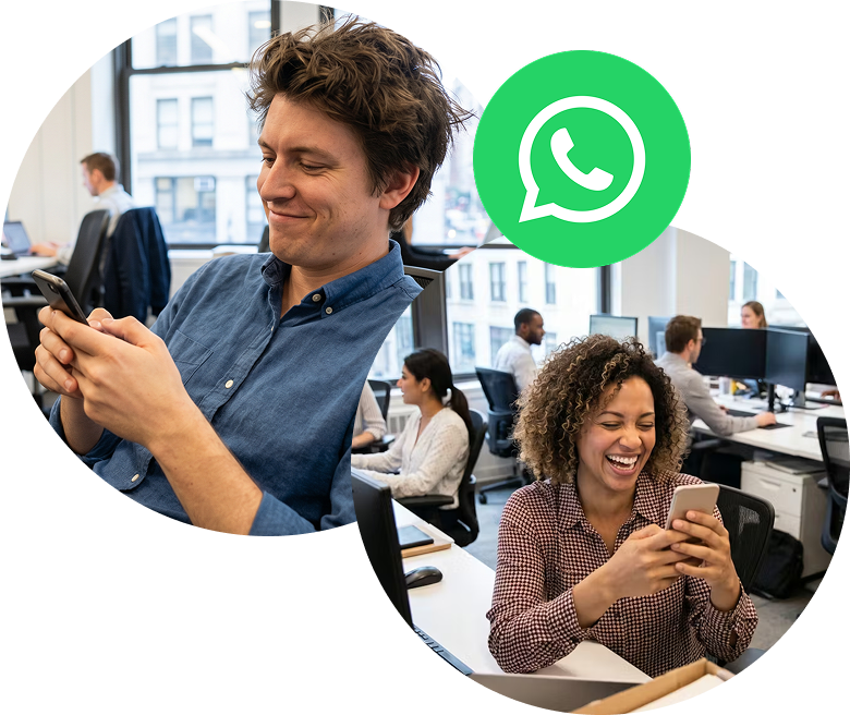 Smiling man and woman using phones in an office, representing communication. A WhatsApp logo is displayed above, emphasizing the theme of connectivity.