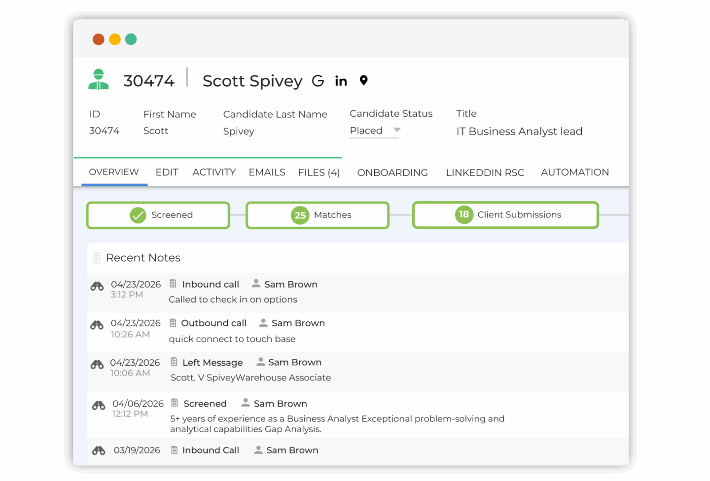 Bullhorn ATS and CRM for small agencies showing a placements list with columns for status, job client, job title, candidate name, start date, and end date across multiple employers