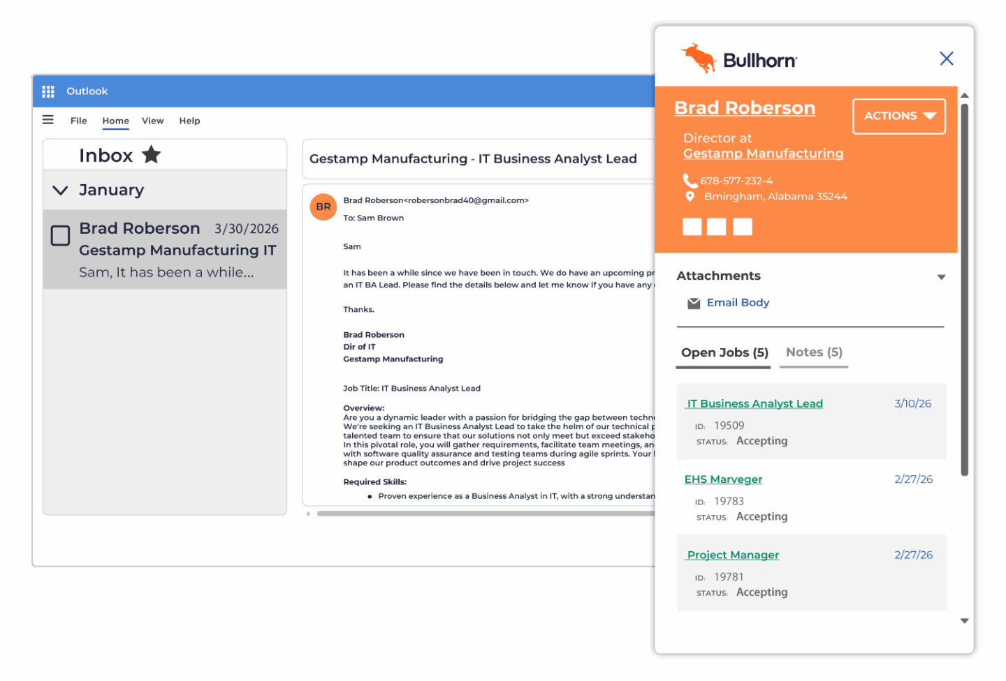 Bullhorn ATS and CRM for small agencies showing a Microsoft Outlook inbox alongside a Bullhorn contact panel for Brad Roberson at Gestamp Manufacturing, displaying open jobs and notes