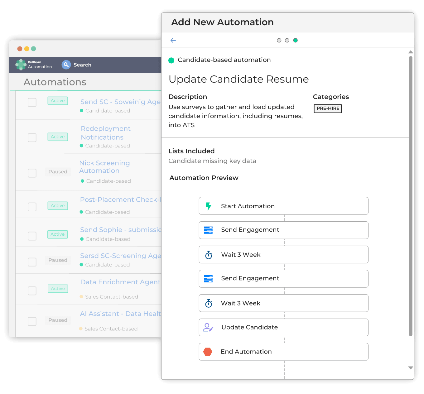 Bullhorn recruitment automation software for small agencies showing an automations list and an "Add New Automation" panel with a candidate resume update workflow