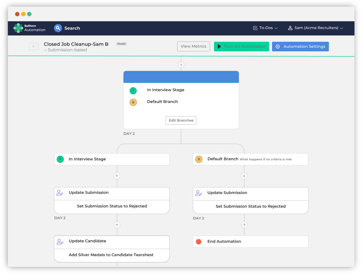 Workflow diagram showing a job automation process. Includes stages like "In Interview" and "Default Branch," with actions to update submissions and candidates.