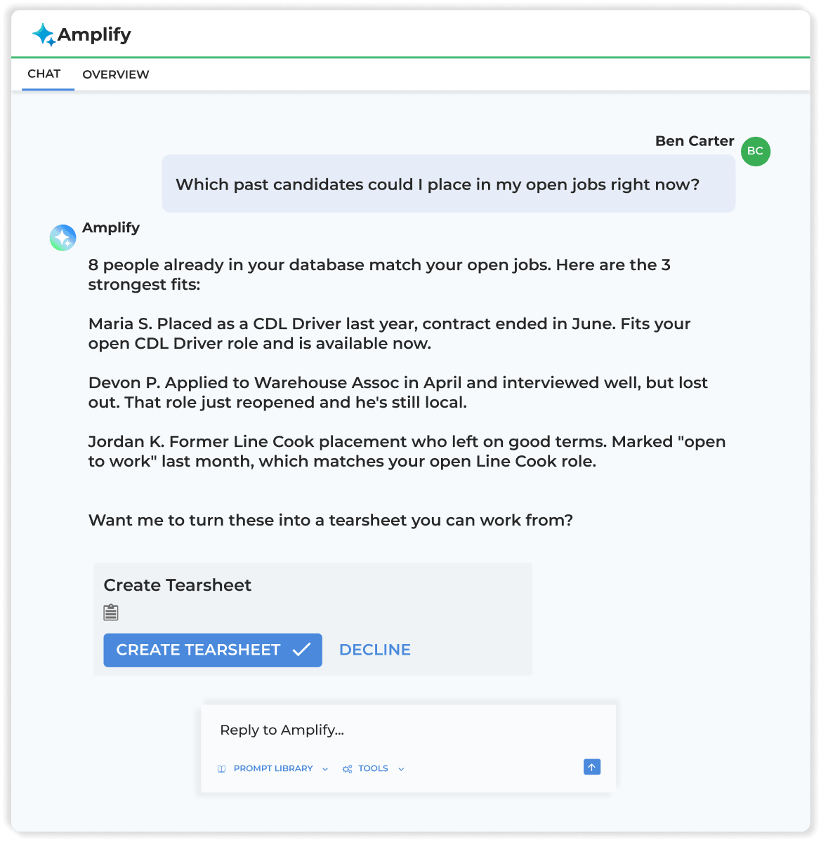 Amplify Chat, the staffing LLM chat interface in the best ATS & CRM for staffing displaying candidate matching results and an option to create a tearsheet.