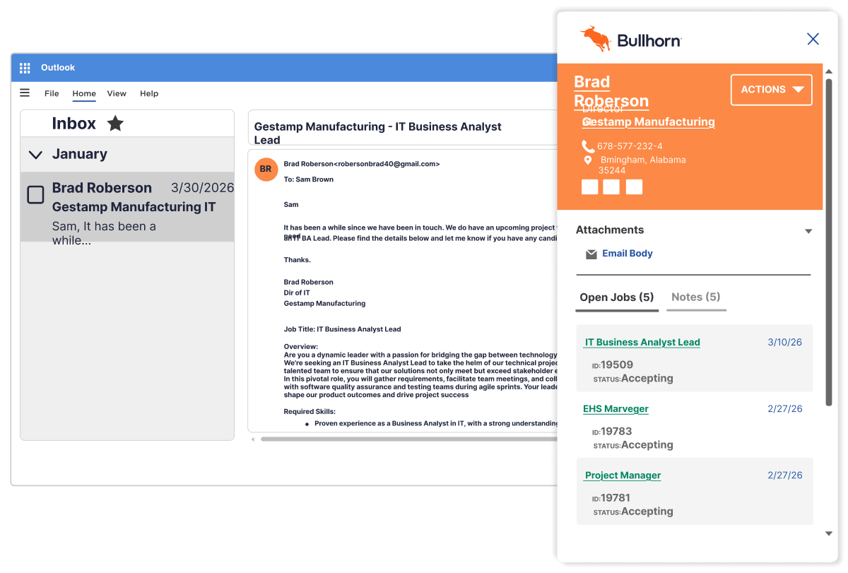 Microsoft Outlook email integration with the best ATS & CRM for staffing displaying client contact details and open job listings in a sidebar.