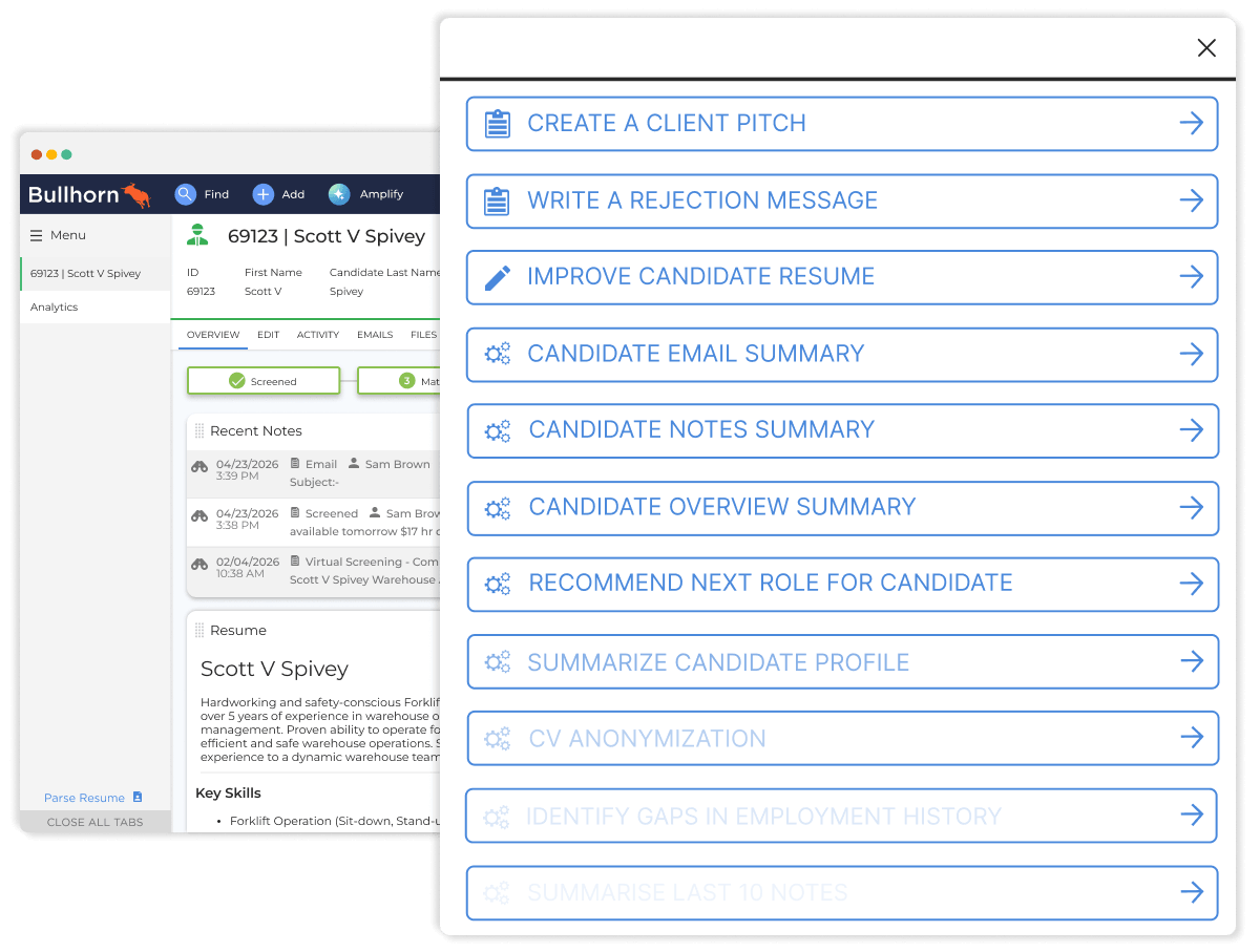 Candidate profile interface in the best ATS & CRM for staffing featuring an action menu for AI resume summaries, client pitches, and rejection messages.