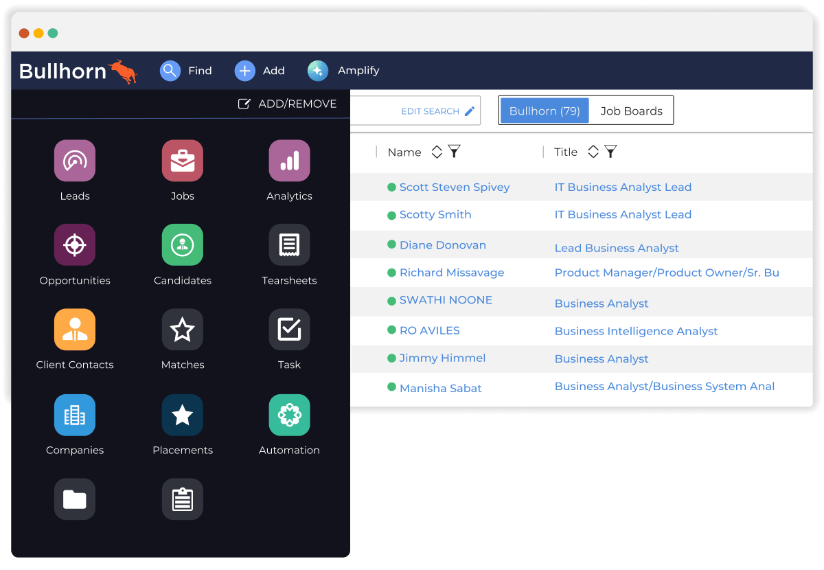 Navigation dashboard and candidate database list in the best ATS & CRM for staffing displaying menu options for leads, jobs, placements, and analytics.