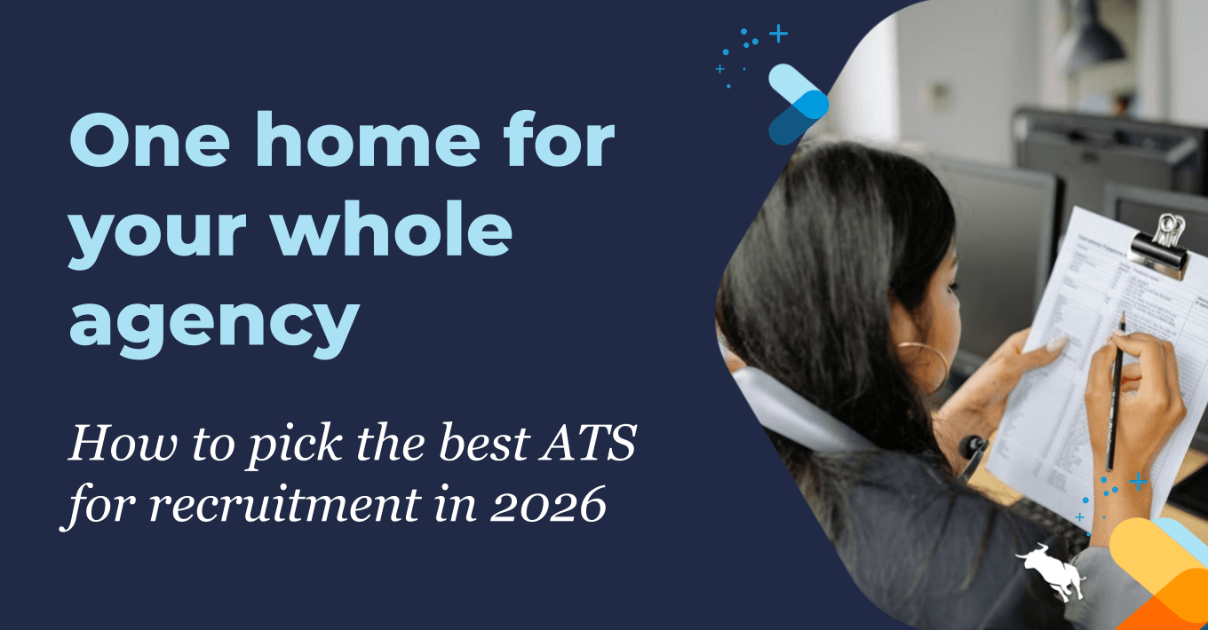 Text on a dark blue background reads 'One home for your whole agency' and 'How to pick the best ATS for recruitment in 2026.' On the right, a woman at an office desk reviews and writes on a document held by a clipboard, highlighting the best applicant tracking system software for recruitment.