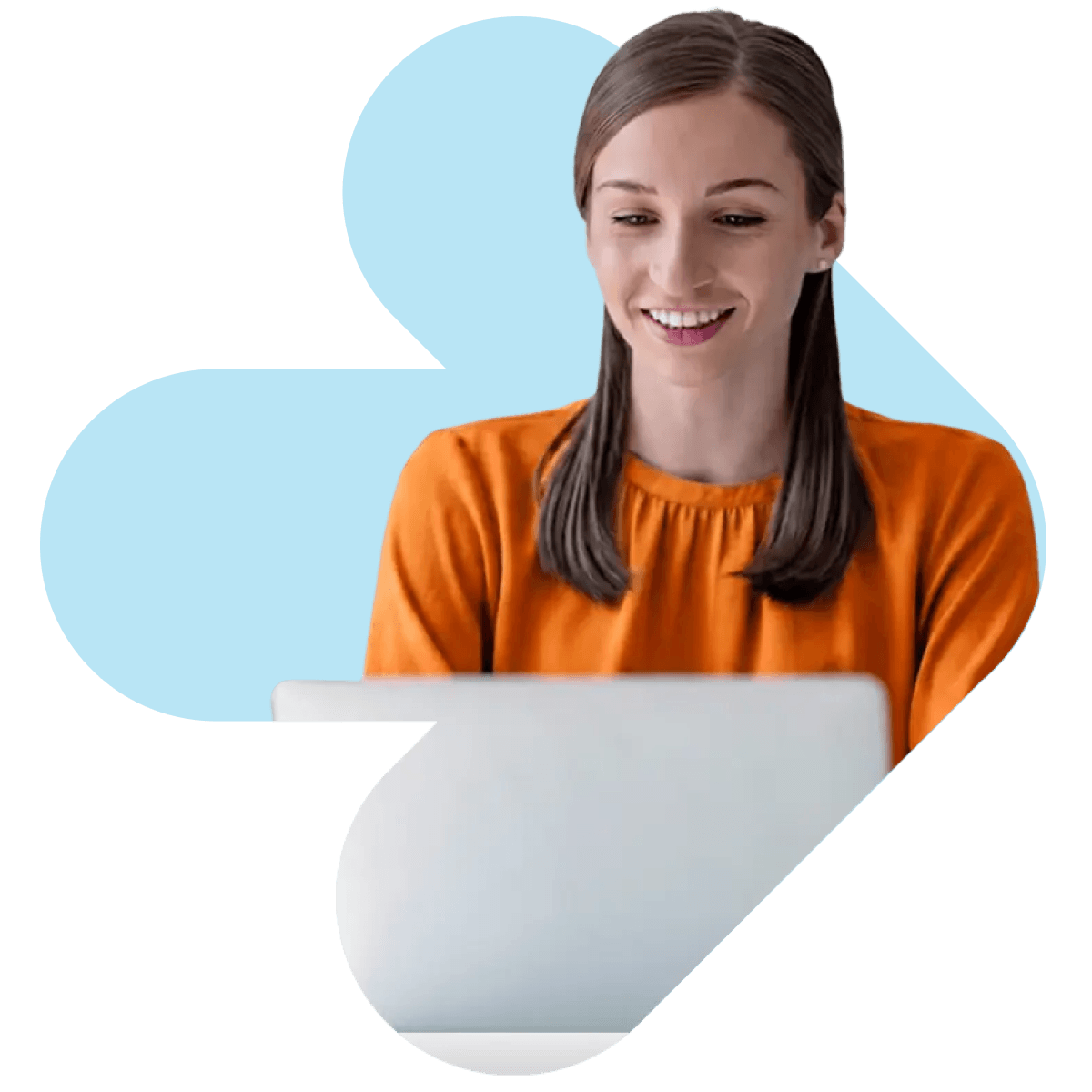 A woman in an orange shirt smiling while looking at a laptop screen, framed inside a light blue arrow-shaped graphic, illustrating an AI candidate match for small staffing teams.