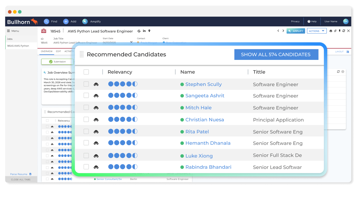 Bullhorn recruitment software interface showing a "Recommended Candidates" pop-up window listing names, locations, job titles, and blue circular relevancy scores to demonstrate an AI candidate match for small staffing teams.